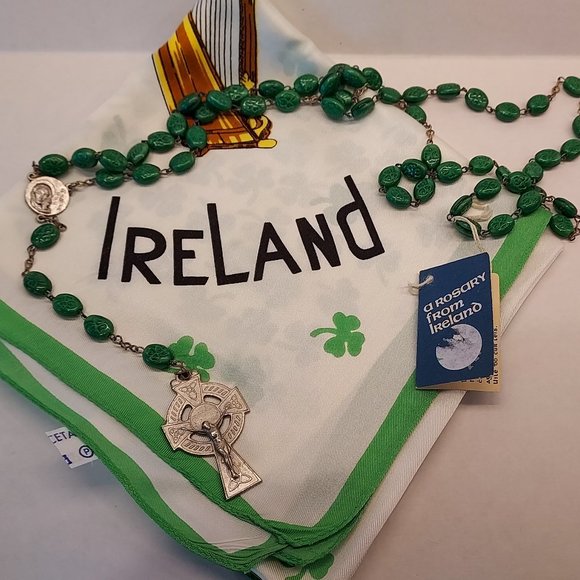 Ireland Jewelry - Ireland Scarf w Harp and Irish Porcelain Rosary